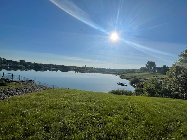 a view of a lake from a yard