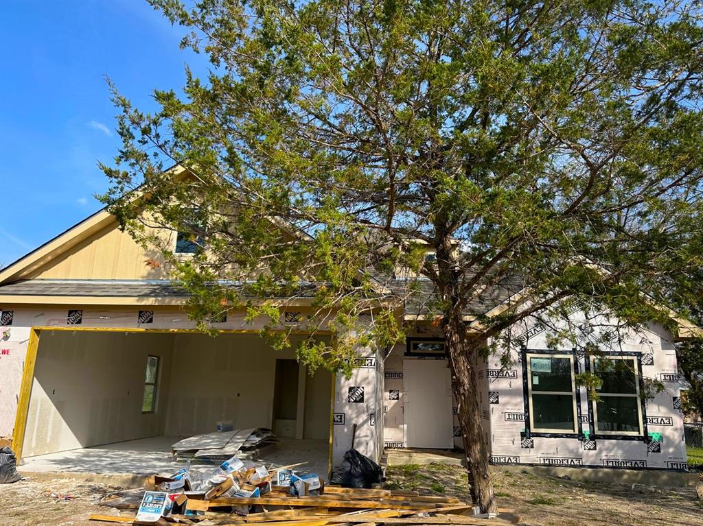 a front view of a house with a tree