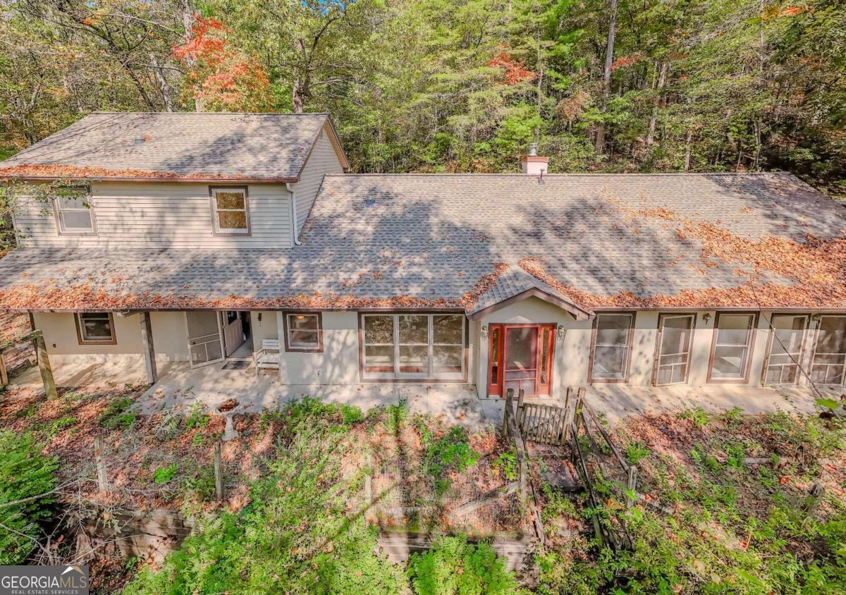 a aerial view of a house with a yard and potted plants