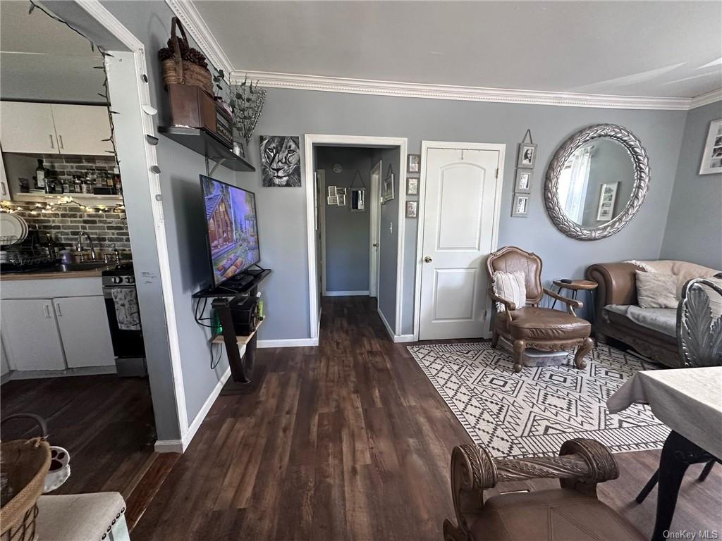 Living room with crown molding, sink, and dark hardwood / wood-style flooring