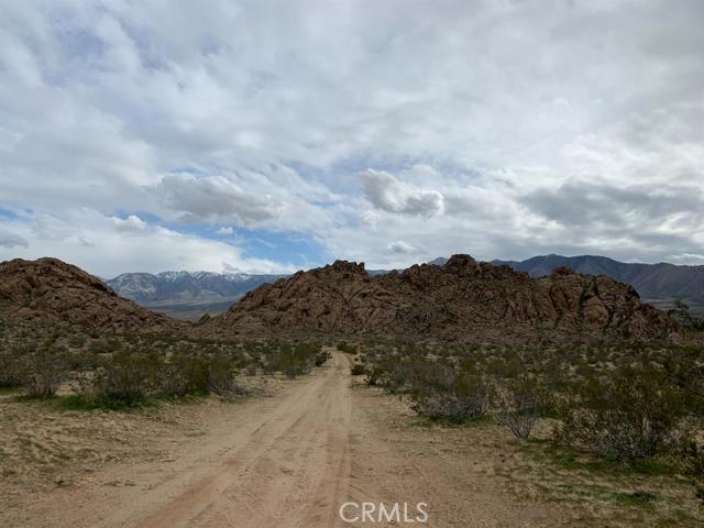 a view of a dry yard with mountains in the background