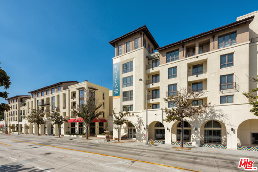 a view of a building and a street