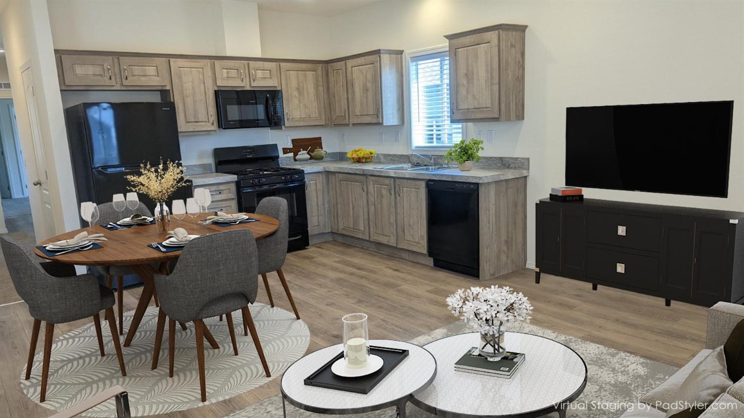 a kitchen with a dining table and chairs