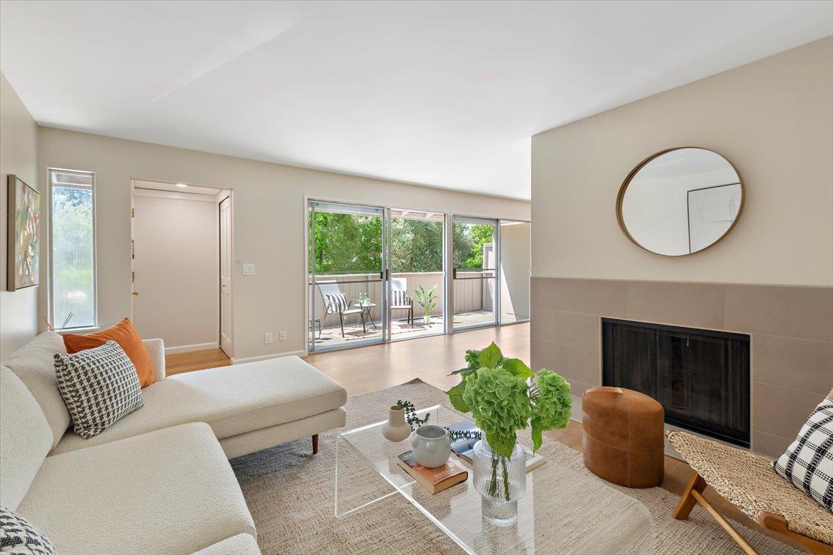 a living room with furniture potted plant and a fireplace