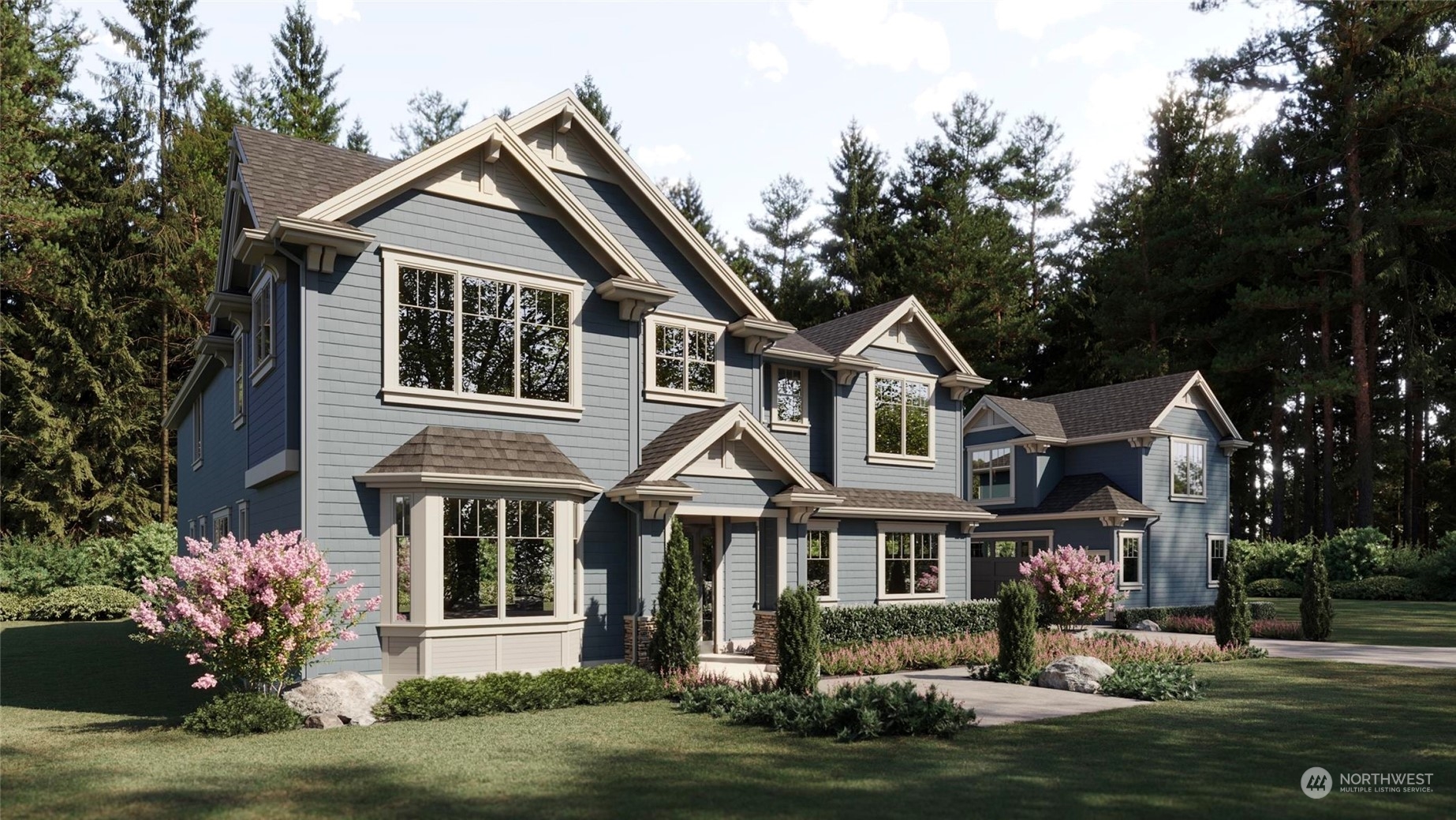 a front view of a house with a yard and trees