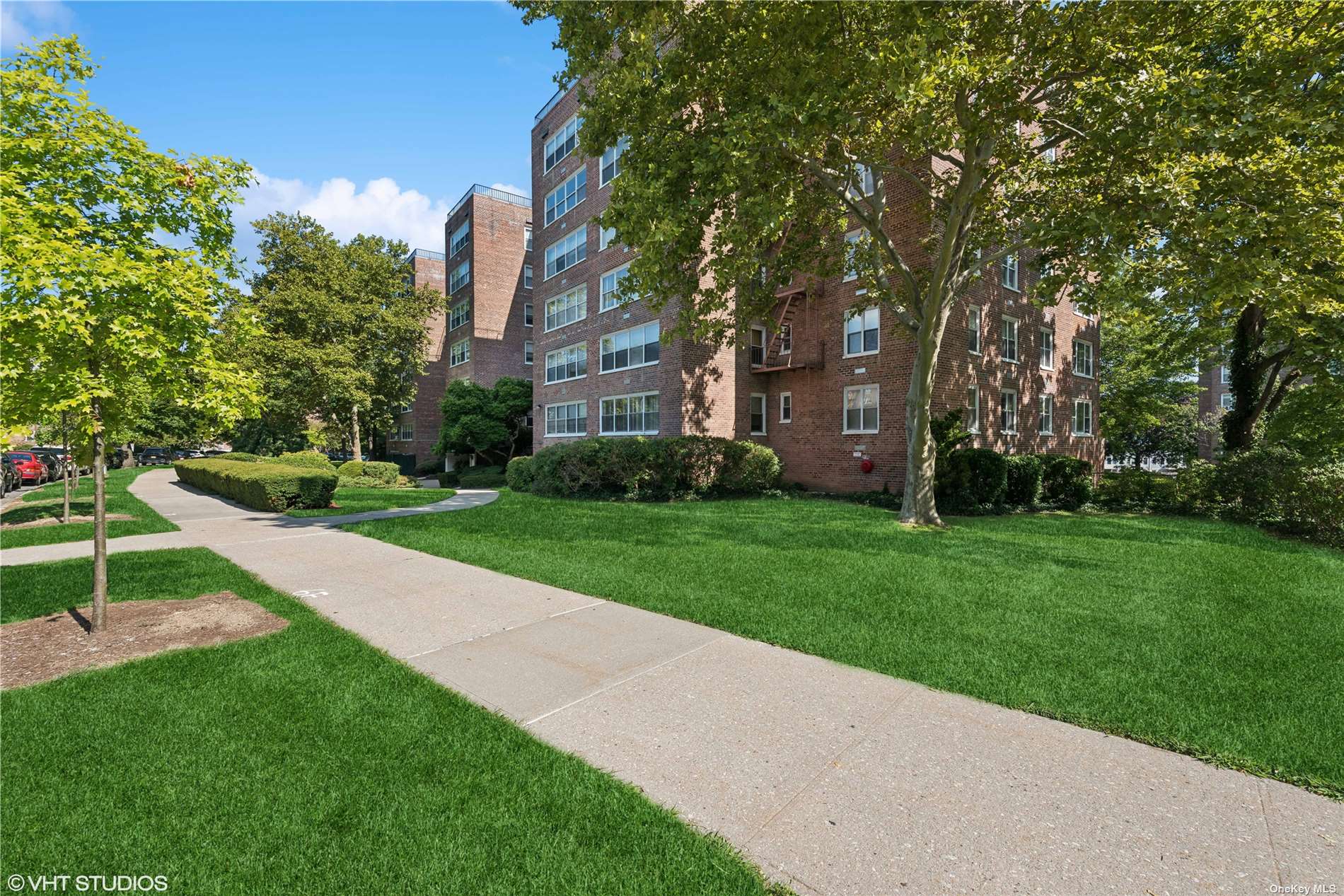 a garden with trees in front of it