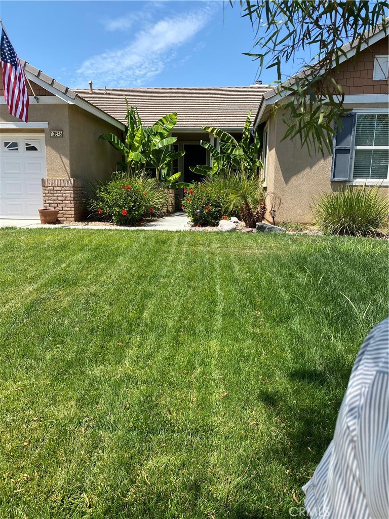 a view of a house with a yard and potted plants