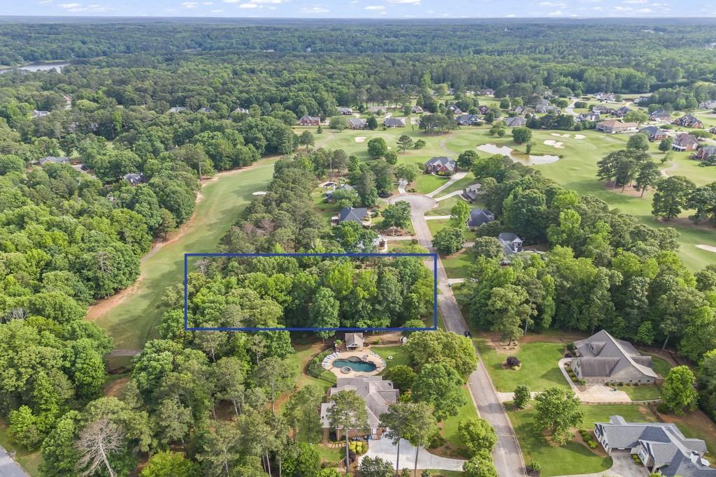 an aerial view of residential houses with outdoor space and trees