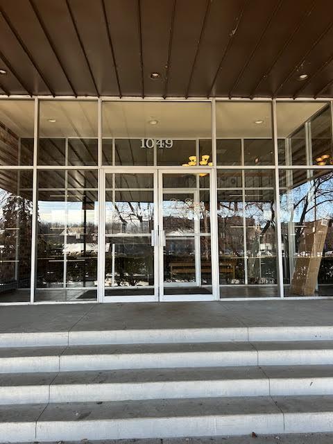 a view of a building with a door