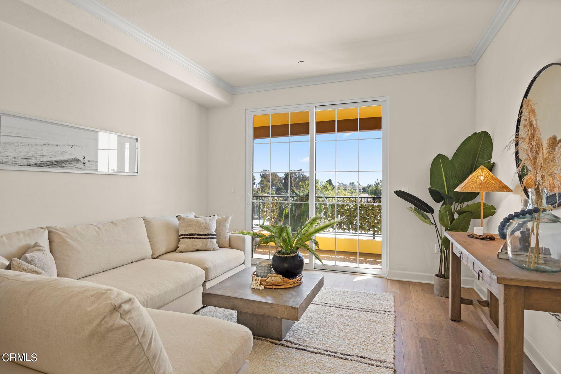 a living room with furniture a floor to ceiling window and potted plant