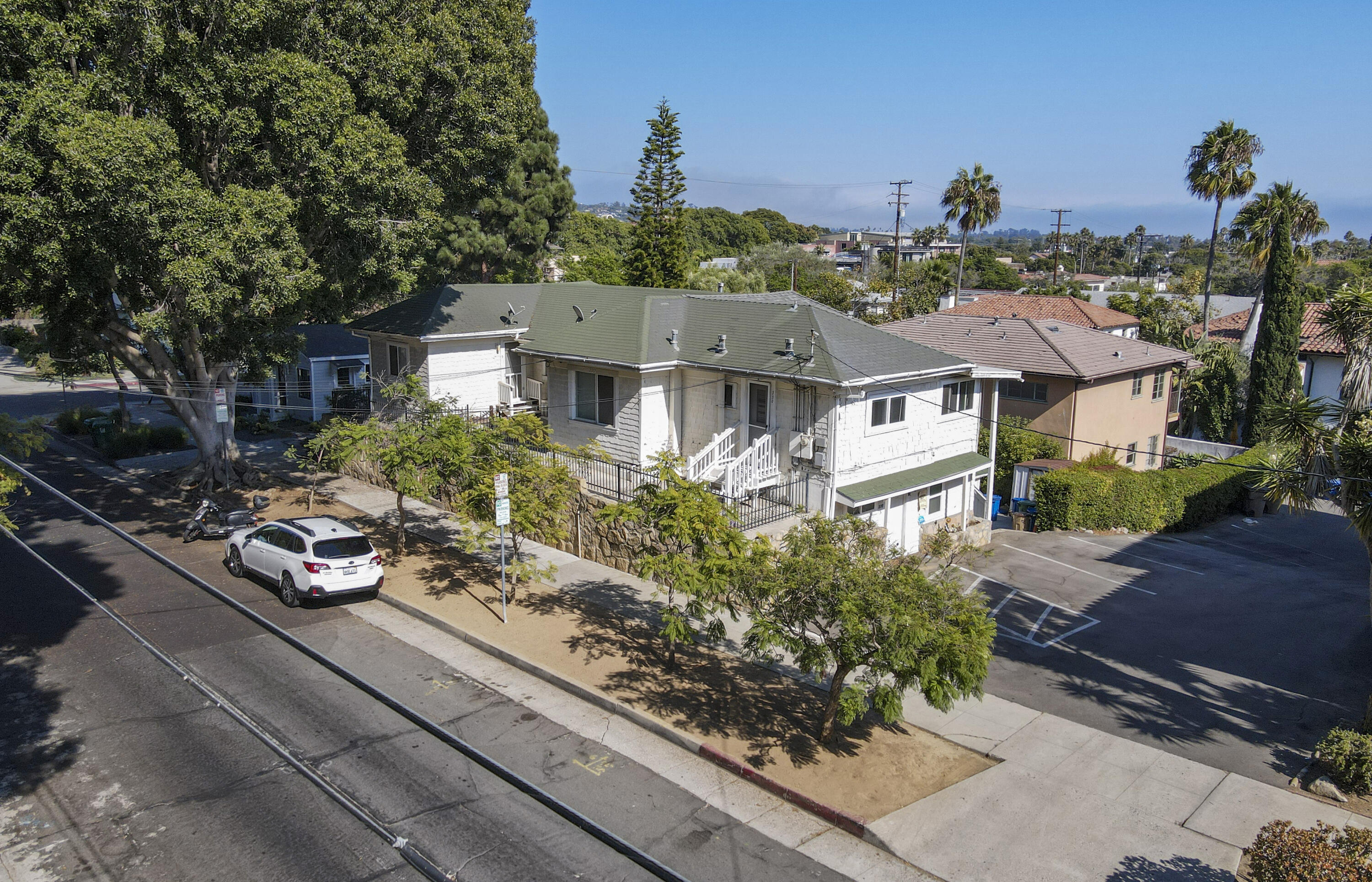 an aerial view of a house with garden