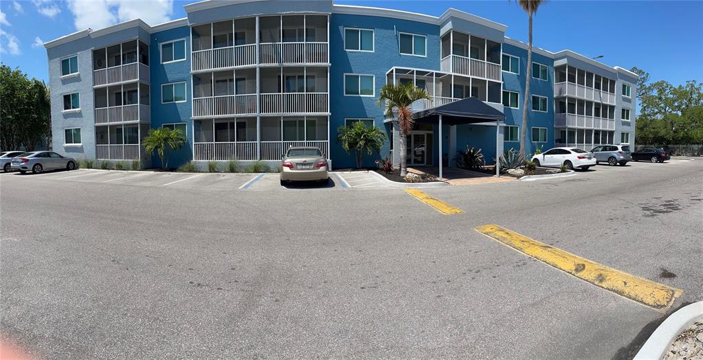 a front view of a building with street