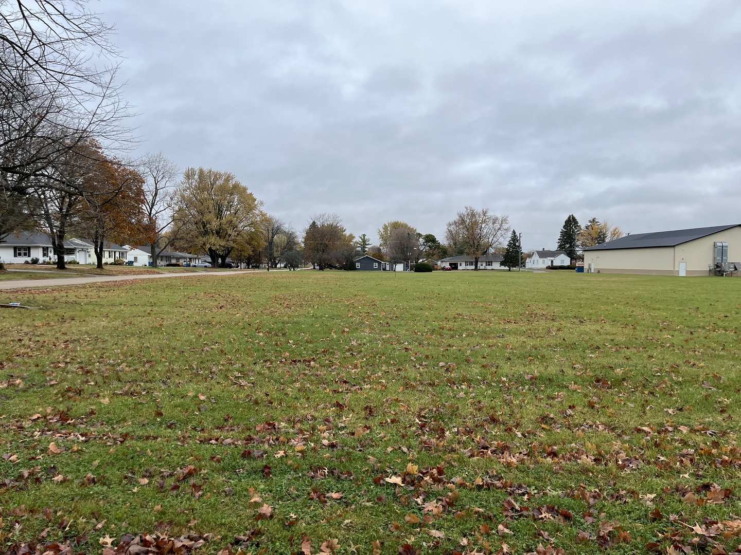 a view of a field with an trees in front of it