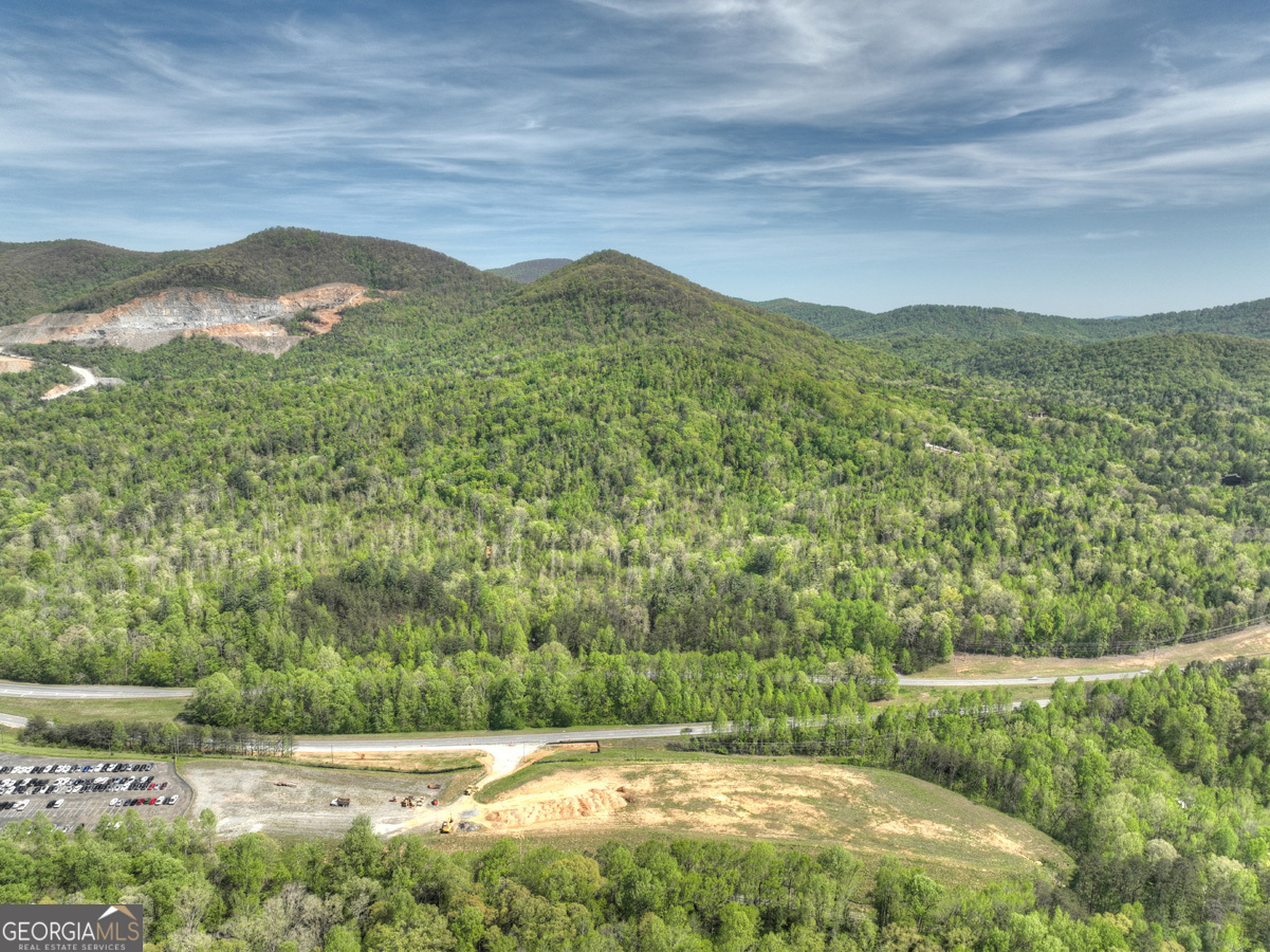 a view of a lush green hillside and with a view of mountains in the background