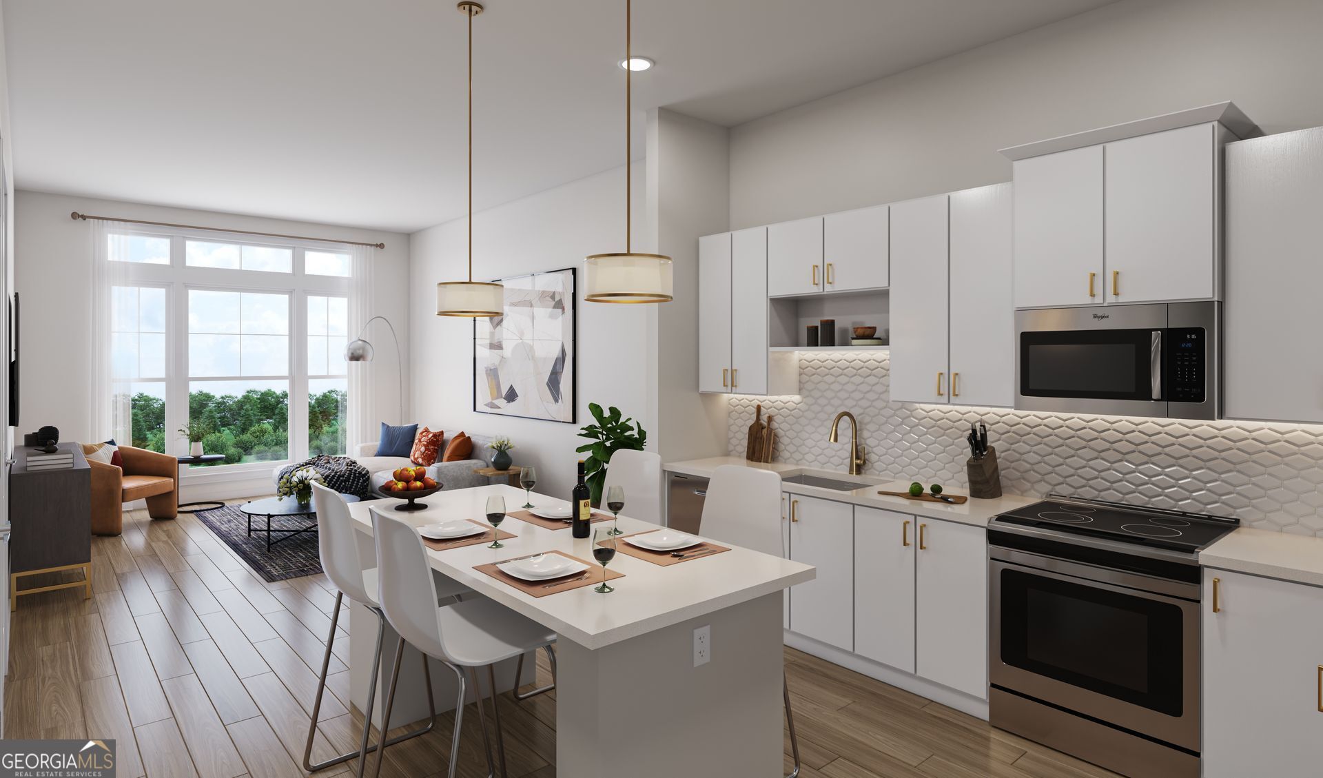 a kitchen with a sink stove and microwave