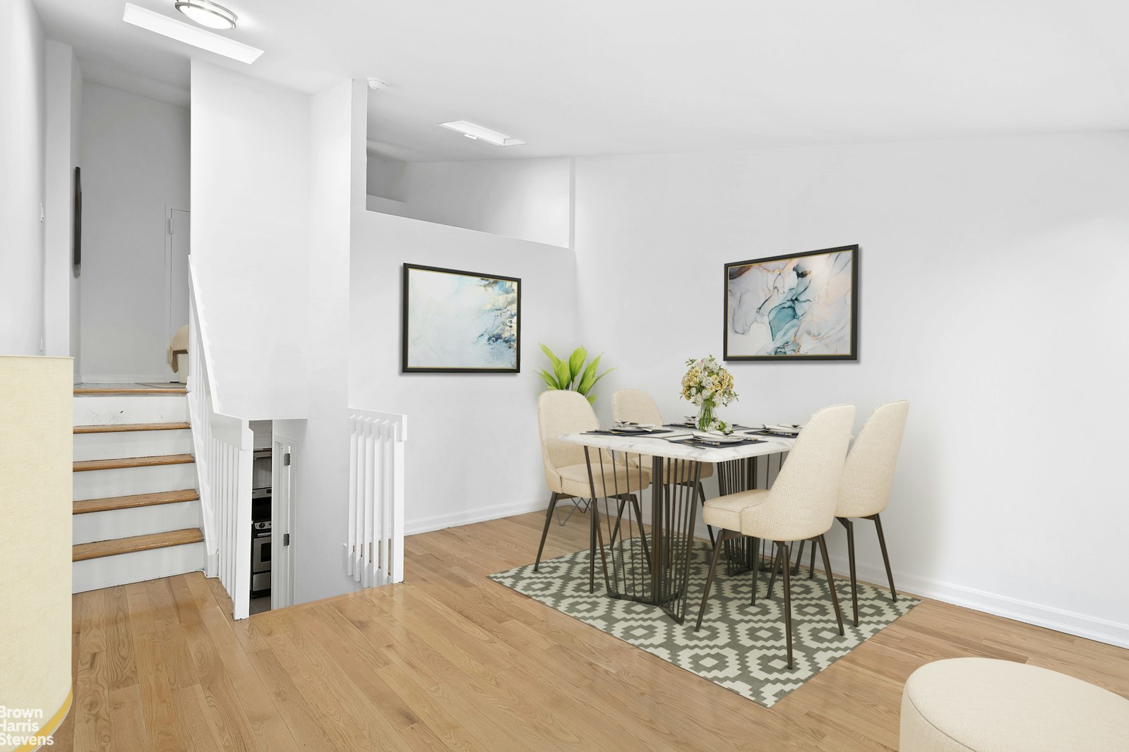 a view of a dining room with furniture