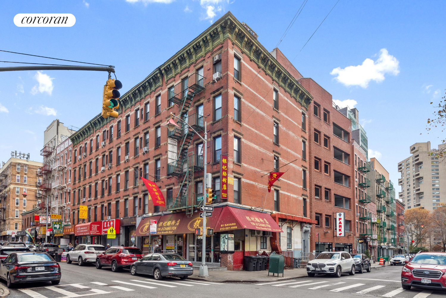 a view of a building and a street