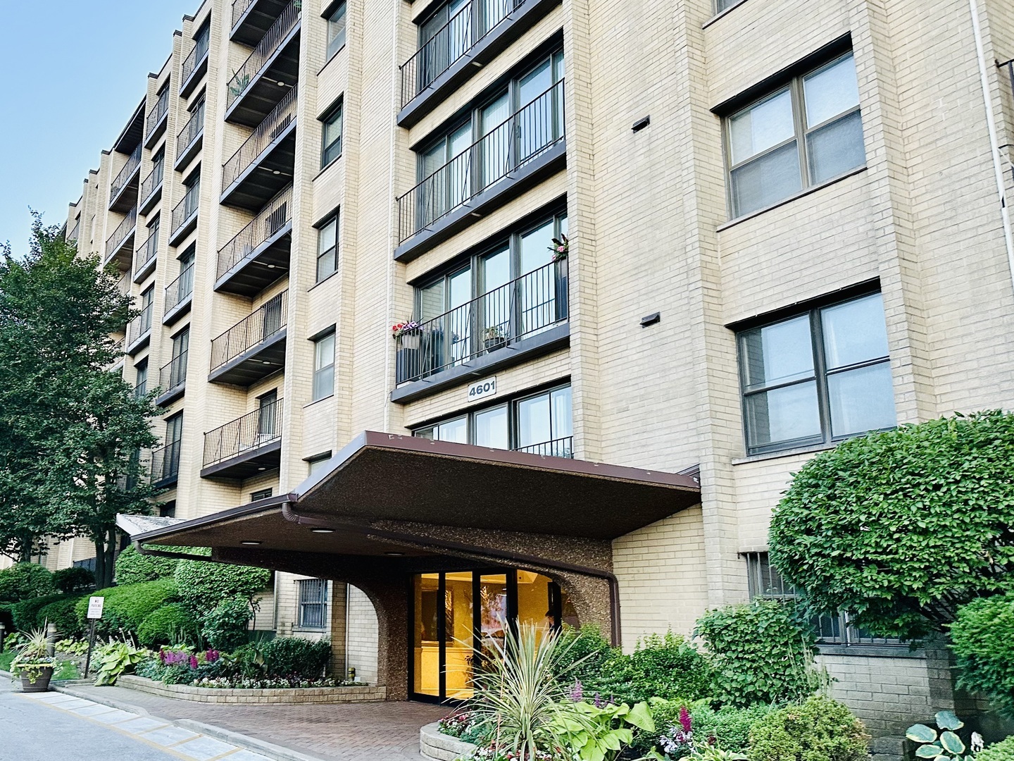 front view of building with a street