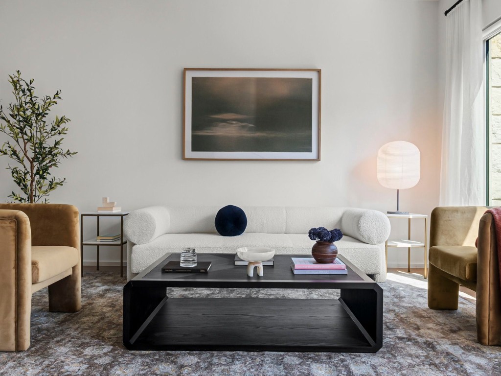 a living room with furniture and a potted plant