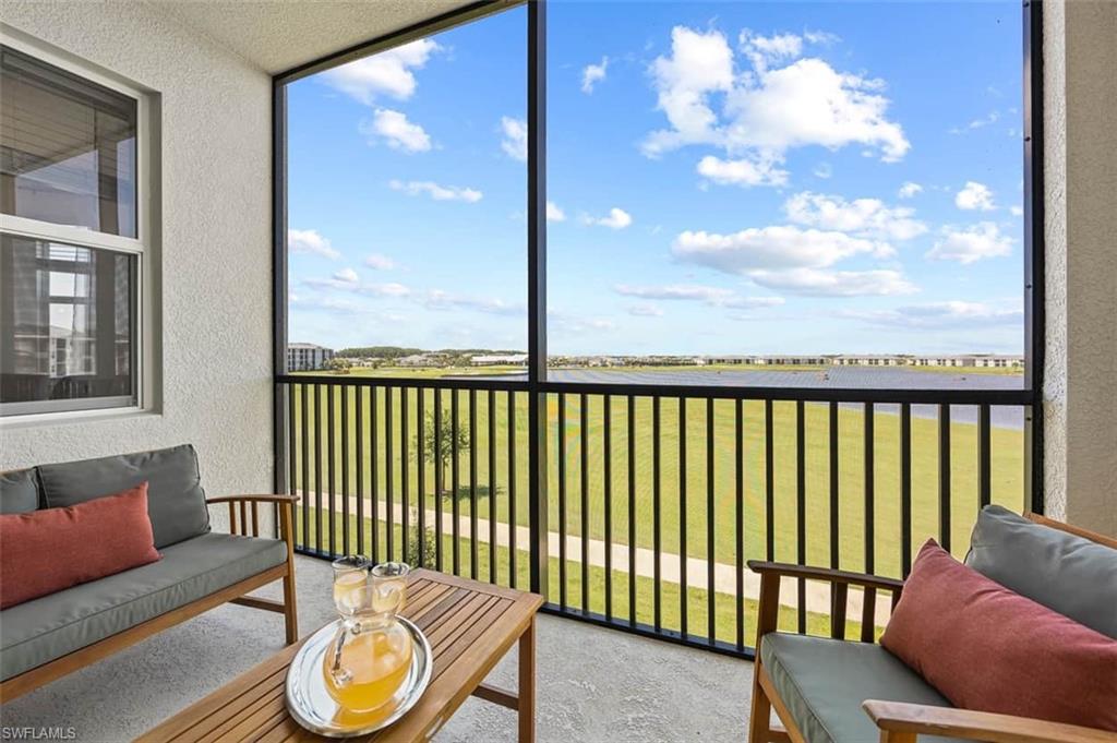 a balcony view with a garden space