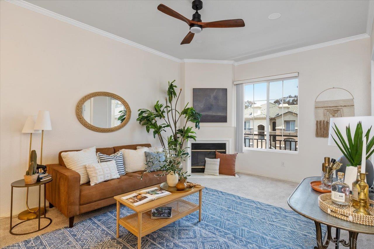 a living room with furniture a potted plant and a window