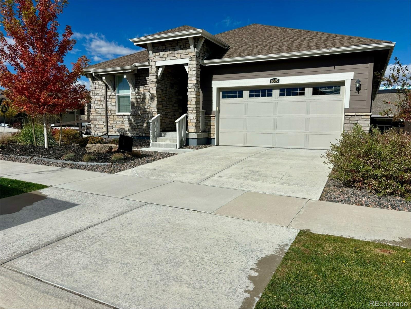 a front view of a house with patio