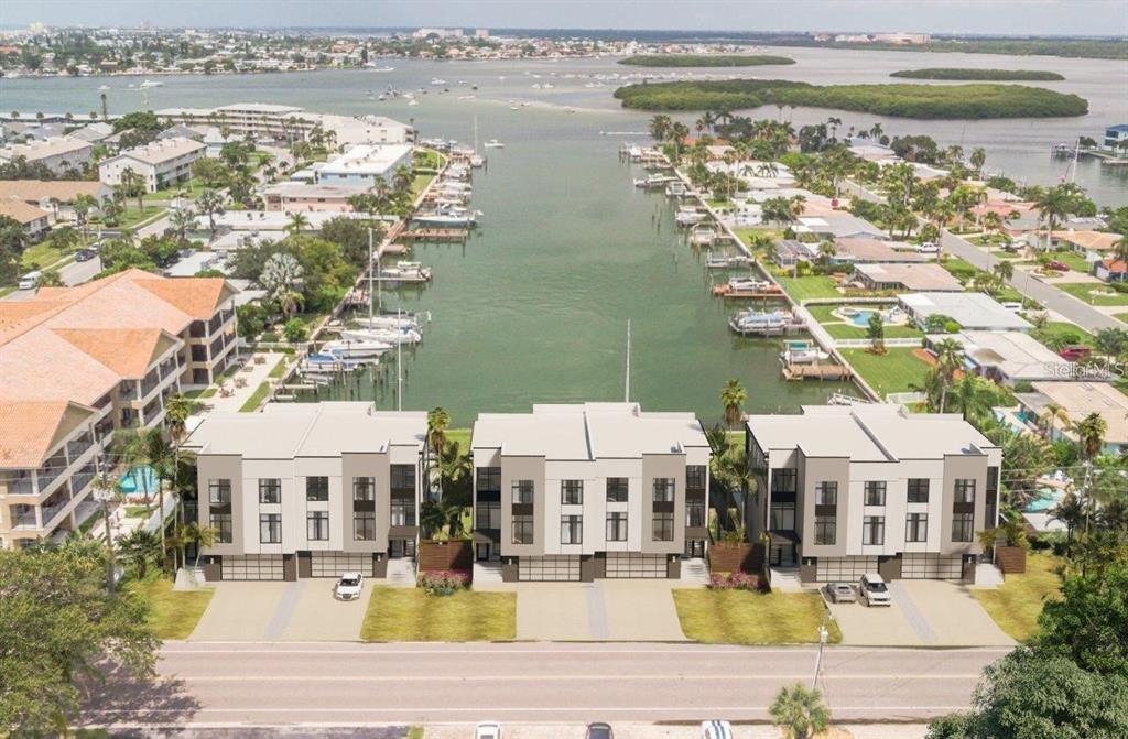 a view of a lake with building