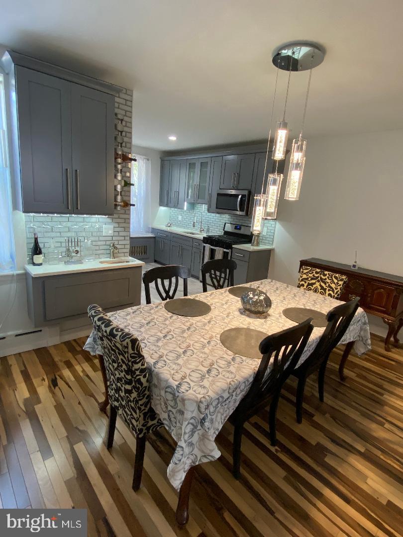 a view of a dining room with furniture