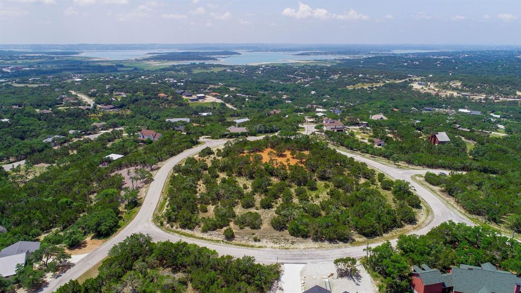 an aerial view of residential houses with outdoor space and trees