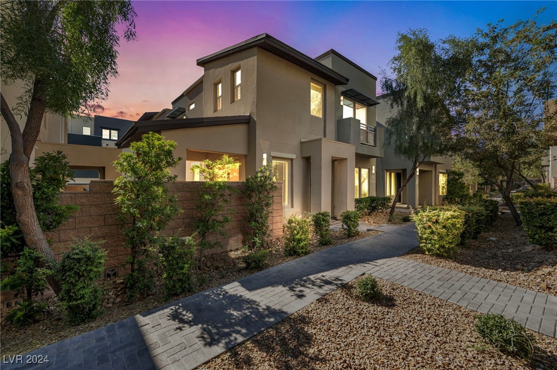 Twilight front walkway.