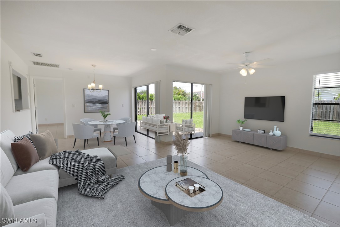 a living room with furniture and a table