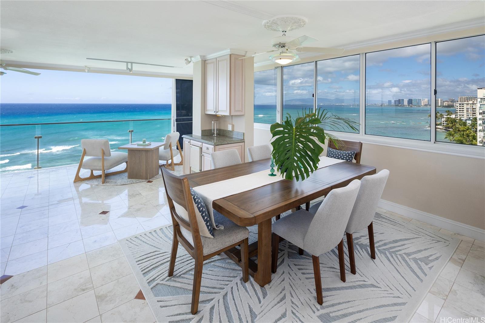 a view of a dining room with furniture window and outside view