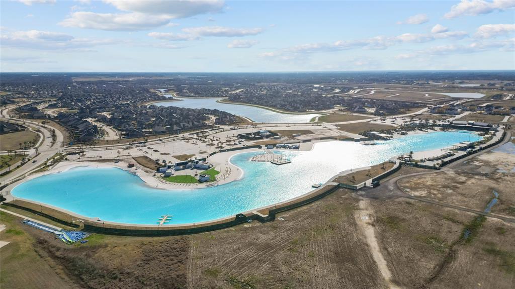 an aerial view of a swimming pool