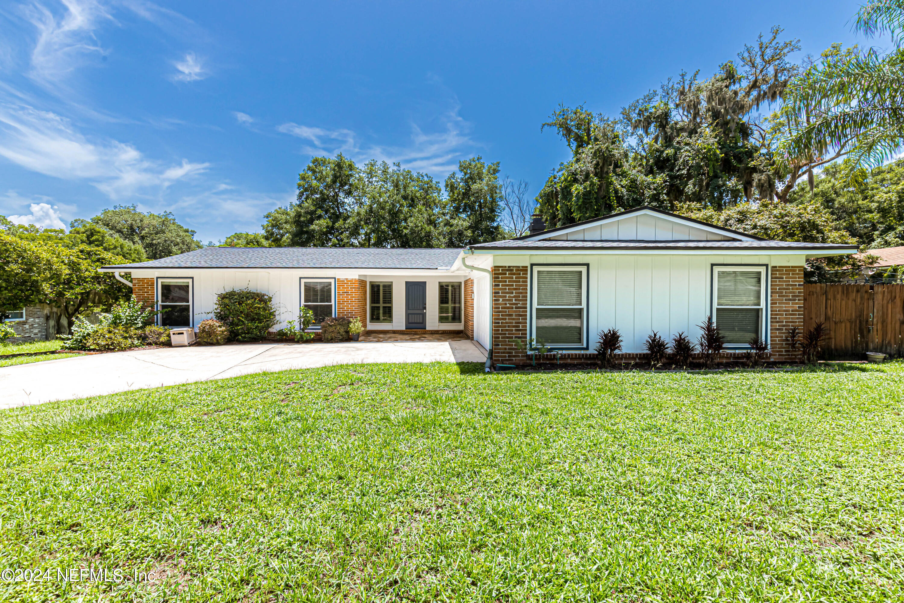 front view of a house with a patio