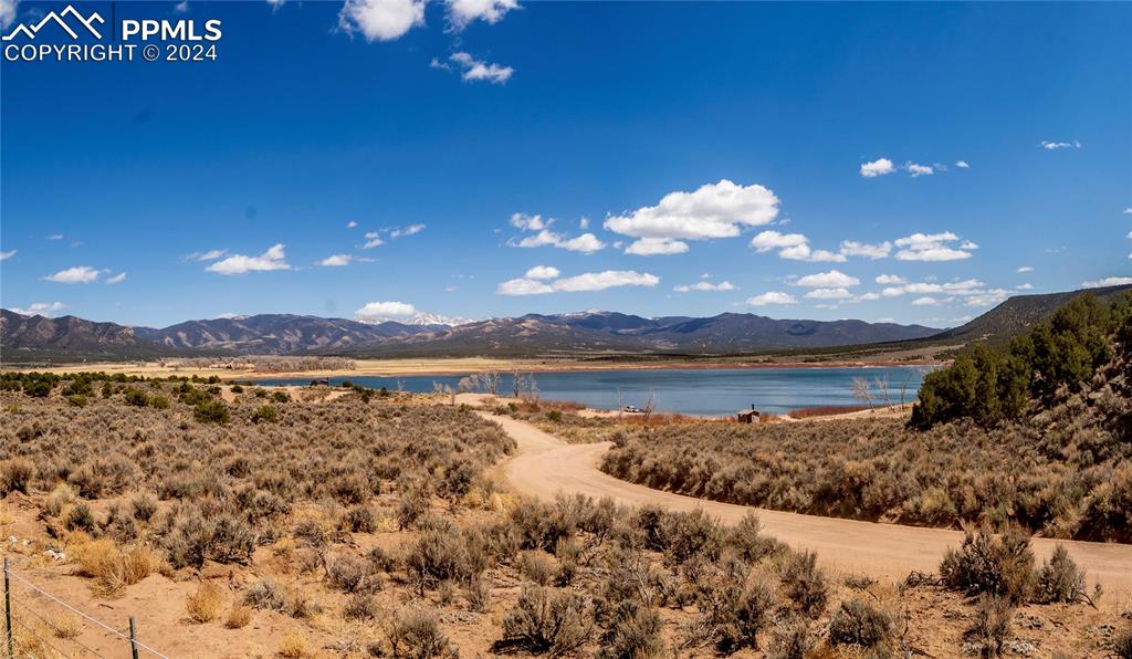 a view of a lake with a mountain in the background