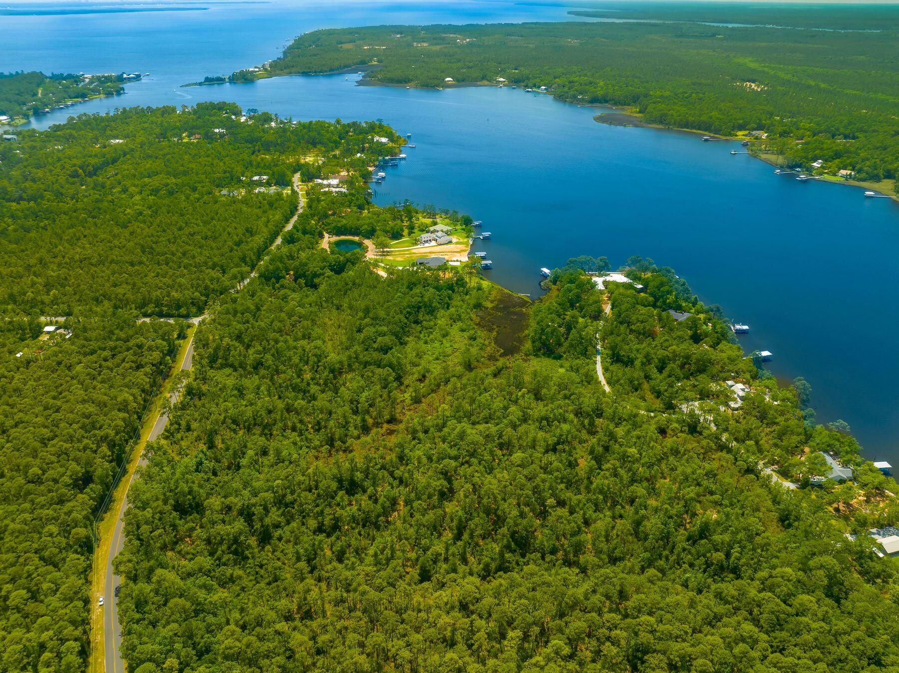 a view of a lake with a city