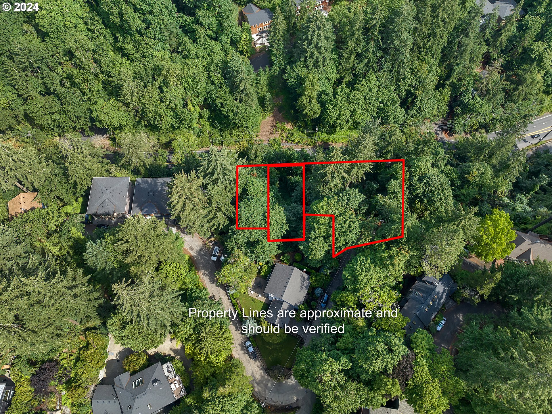 an aerial view of a house with a yard and large trees