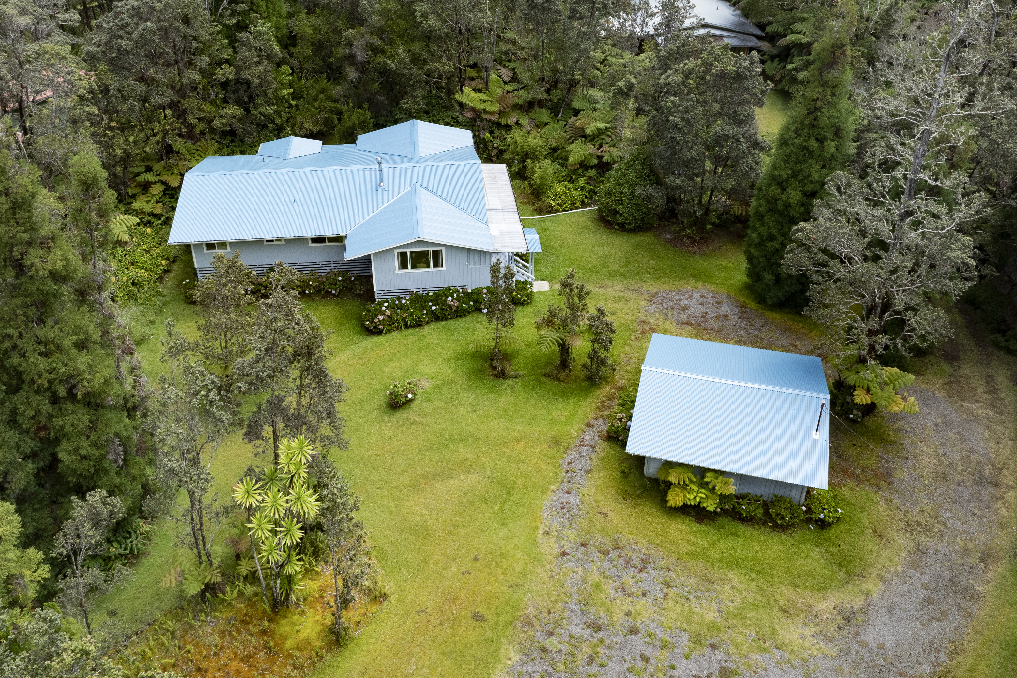 A 4-bedroom with detached carport tucked into the rainforest of Volcano Village.  Hydraengas, sugi pines, hapu'u ferns.. rolling lawns..  we are excited to show you this beautiful home.