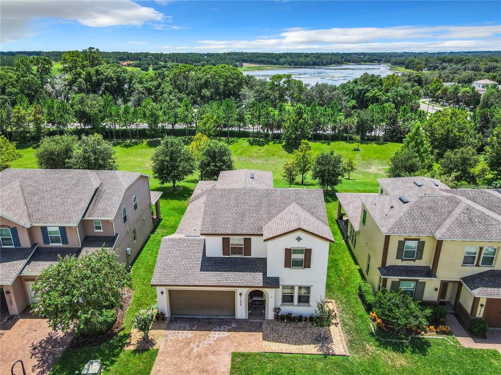 an aerial view of a house with garden