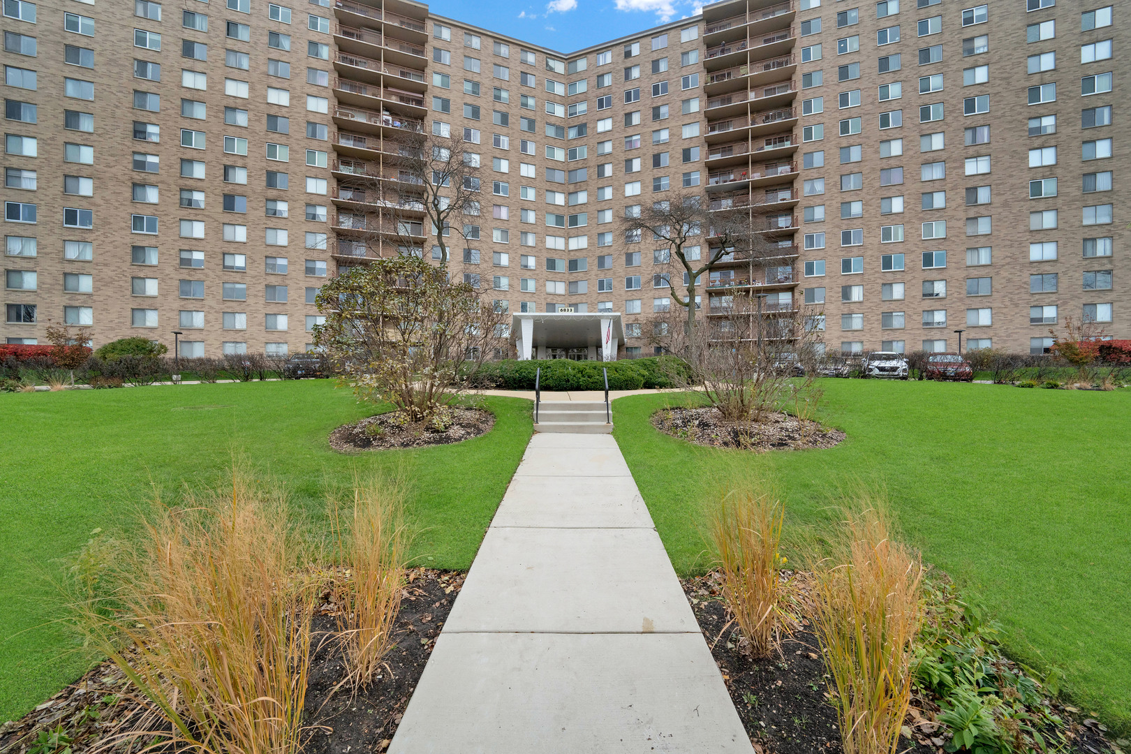 a view of a building with garden