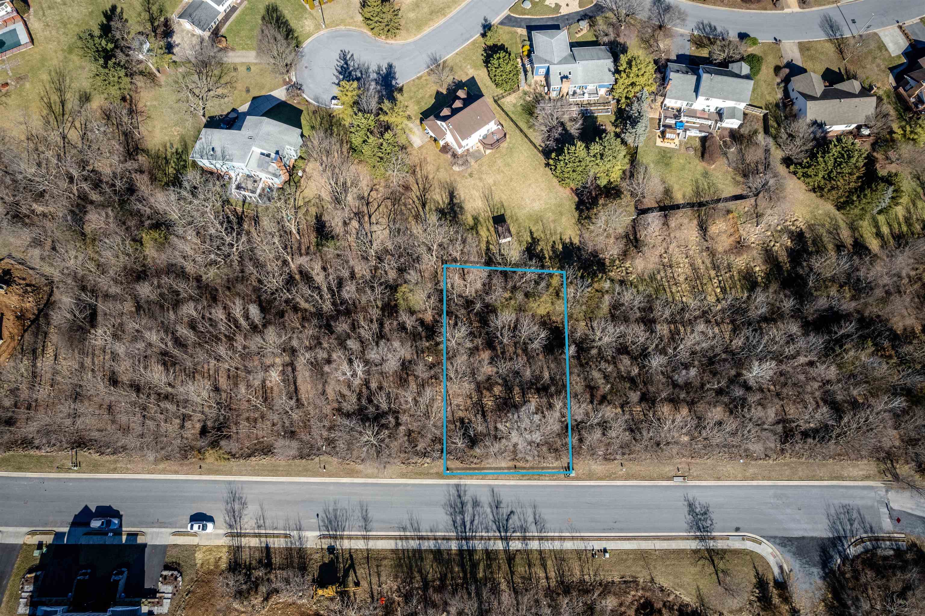 an aerial view of a house with a yard and large trees