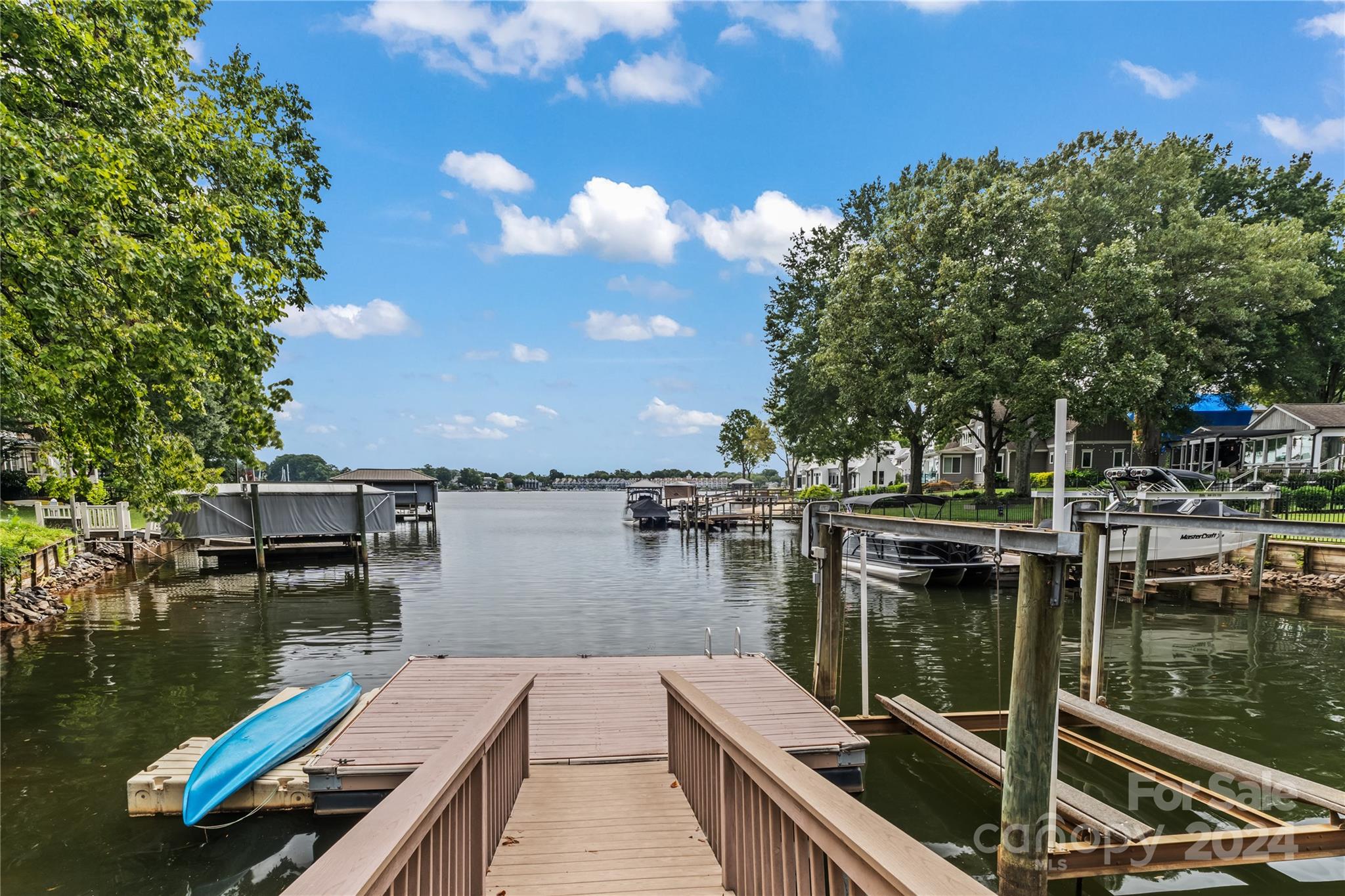 a view of a lake with boats and trees in the background