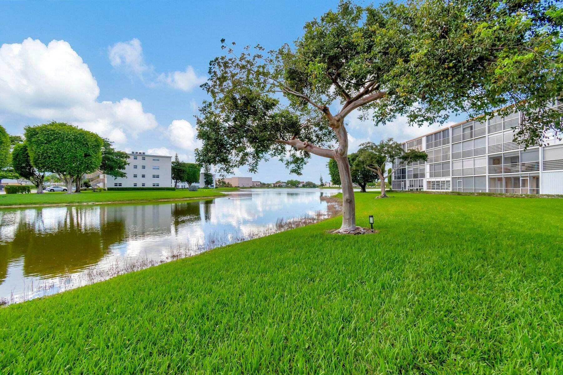 a view of a lake with a building in the background