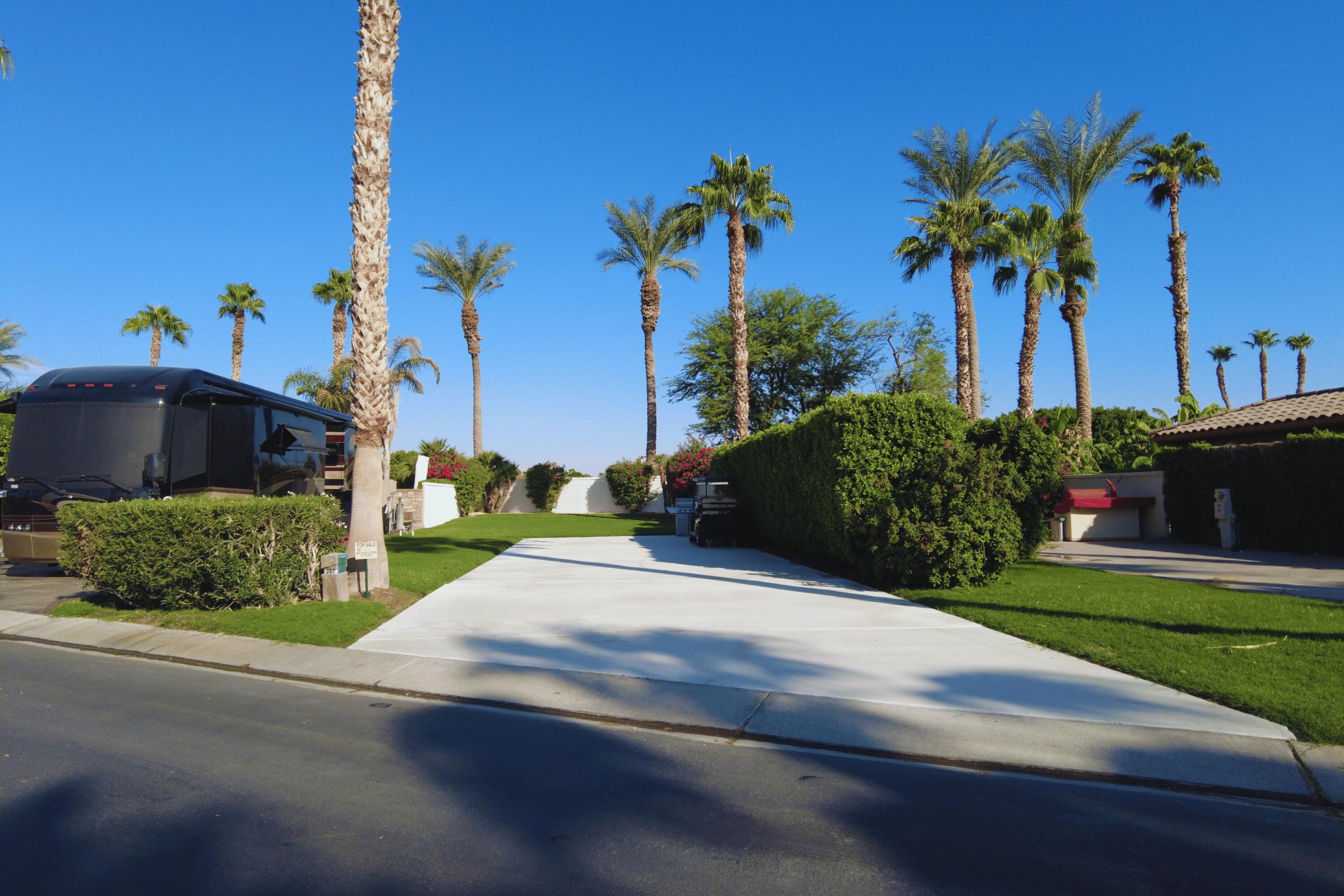 a view of a garden with a cars park