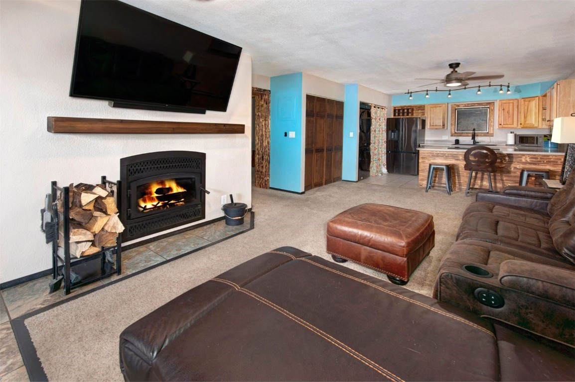 a living room with furniture a flat screen tv and a fireplace