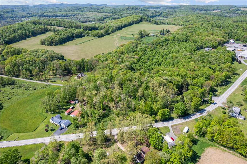 an aerial view of residential houses with outdoor space and trees