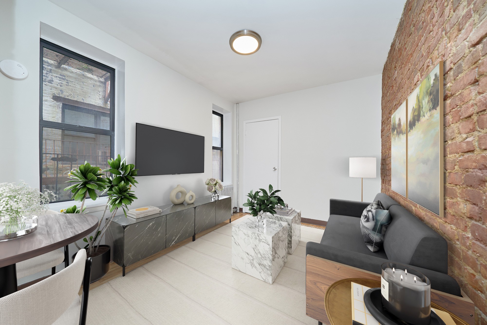 a living room with furniture and a potted plant