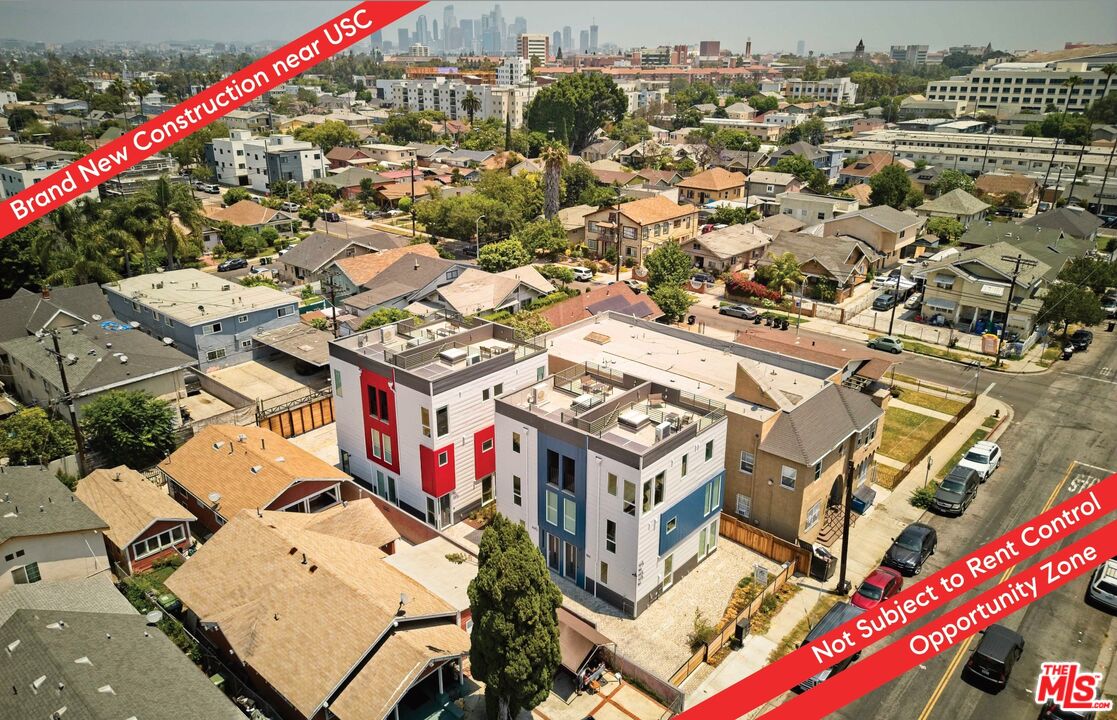 an aerial view of a building with many windows