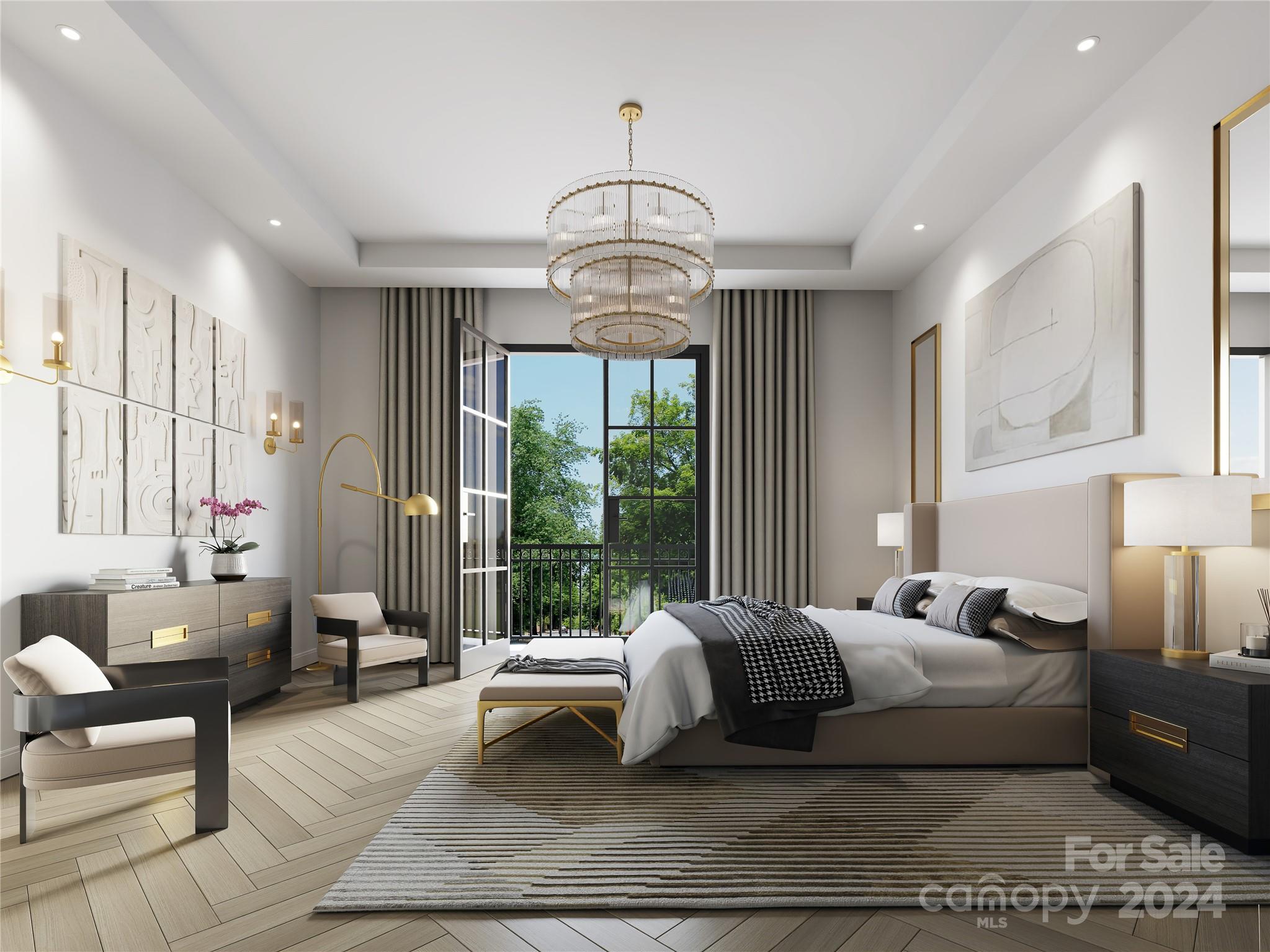 a living room with furniture large windows and a chandelier