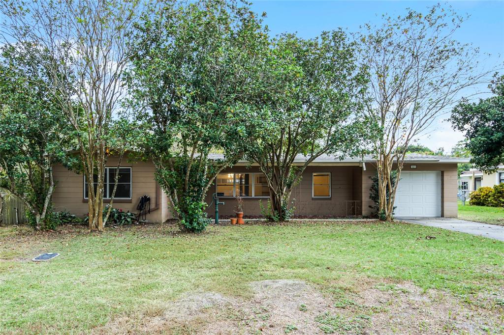 a view of a house with yard and a tree